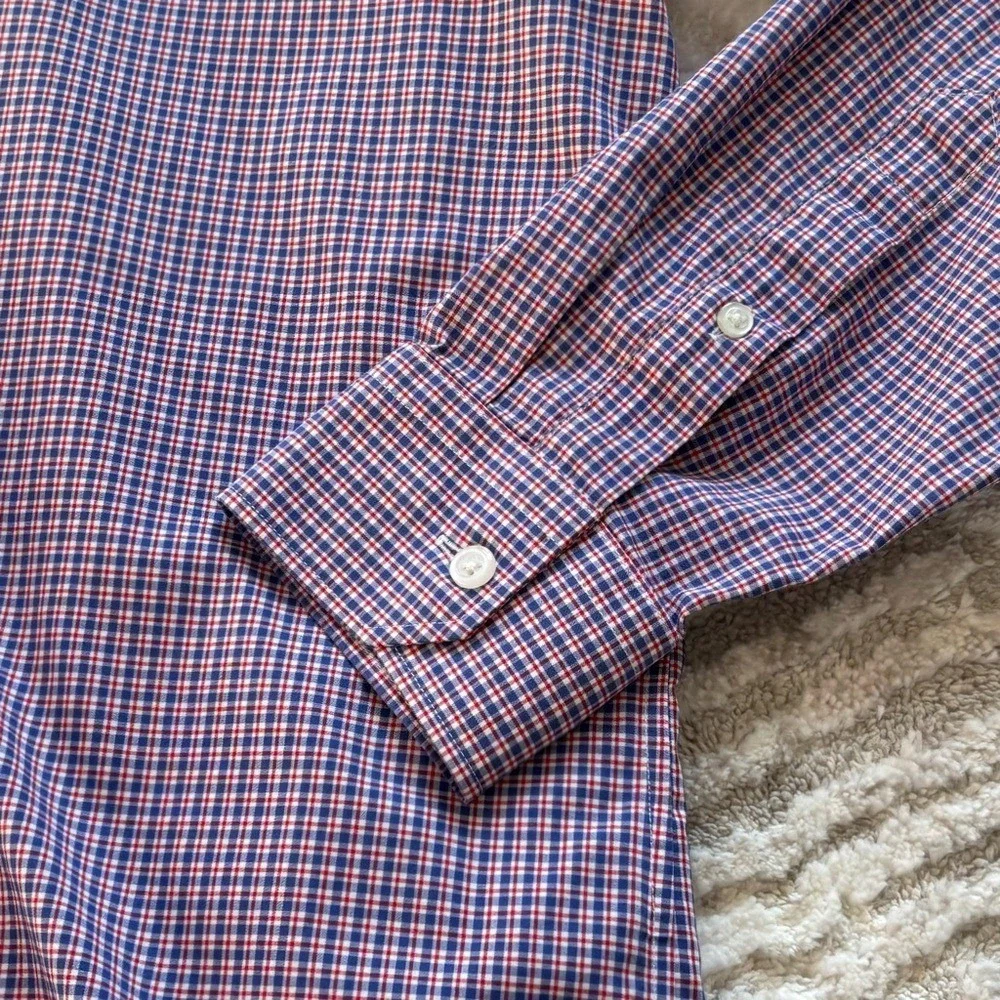 Banana Republic Shirt Mens Large Blue‎ Red Plaid Grant Fit Non Iron Stretch